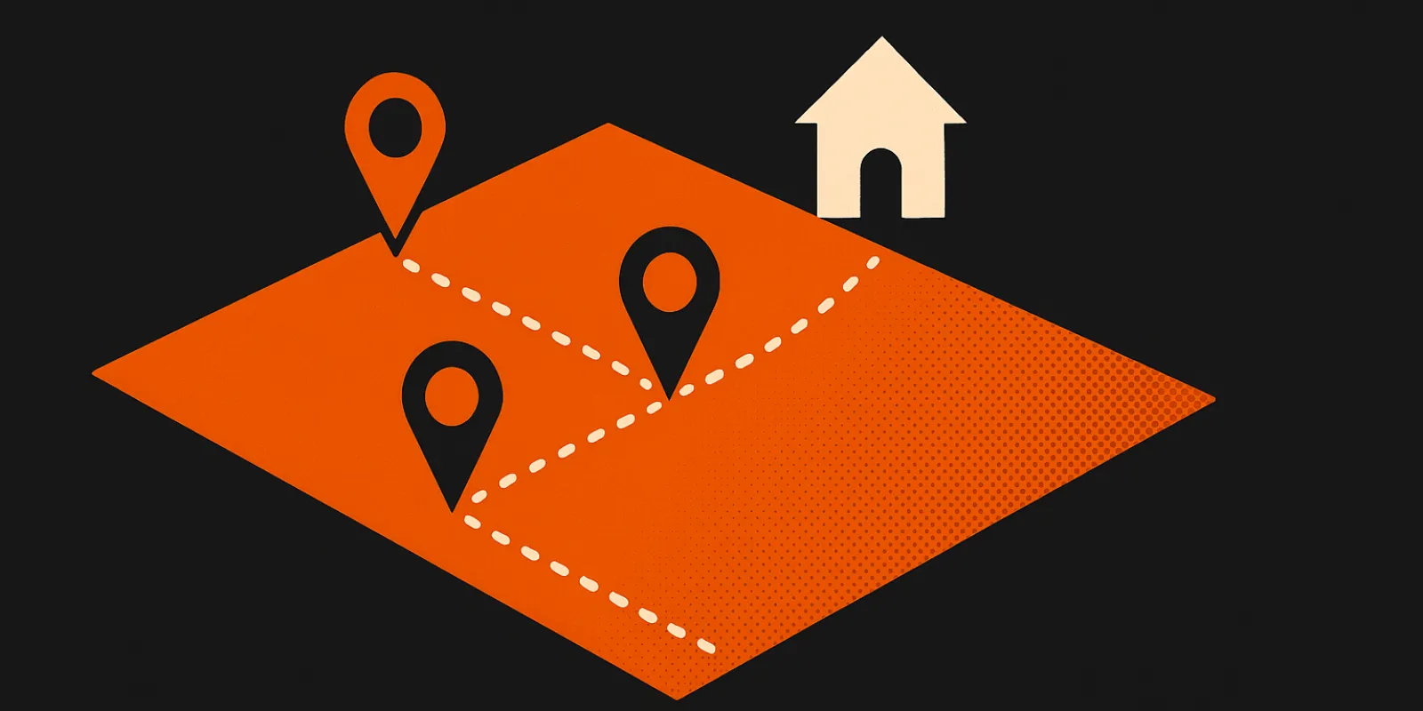 Isometrische Illustration eines Lageplans mit drei markierten Orten und einem Gebäude-Symbol, in Anthracit, Orange und Warmweiß