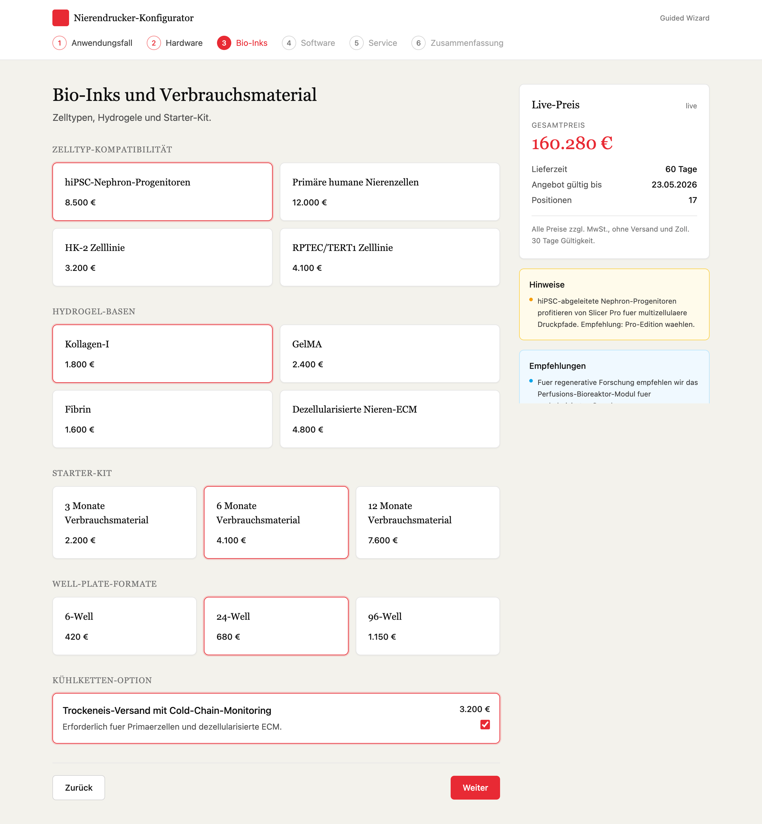 Configurator wizard - bio-inks and consumables